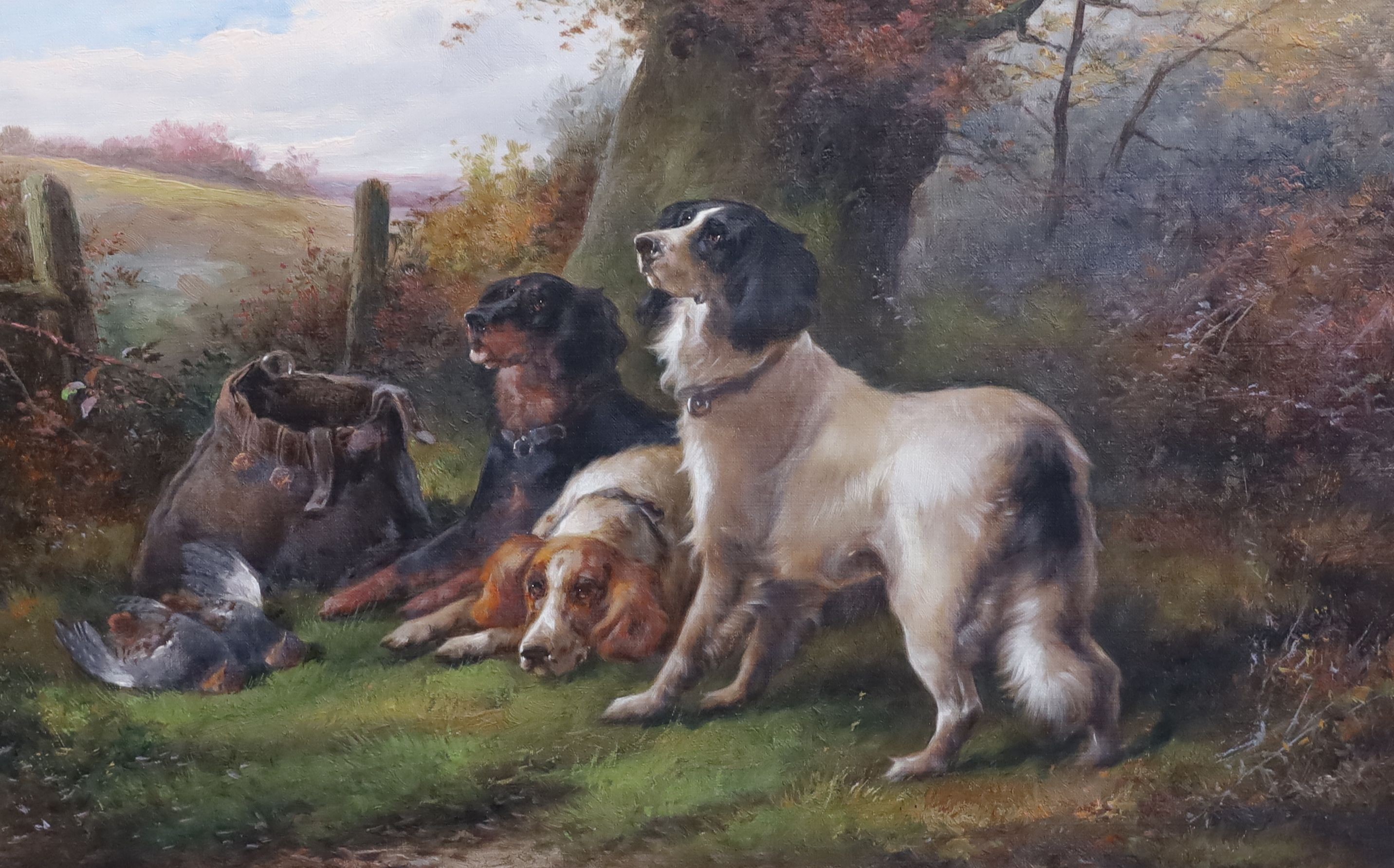John Morris (19th C.), After the Hunt; gun dogs seated in landscapes, pair of oils on canvas, 40 x 60cm
